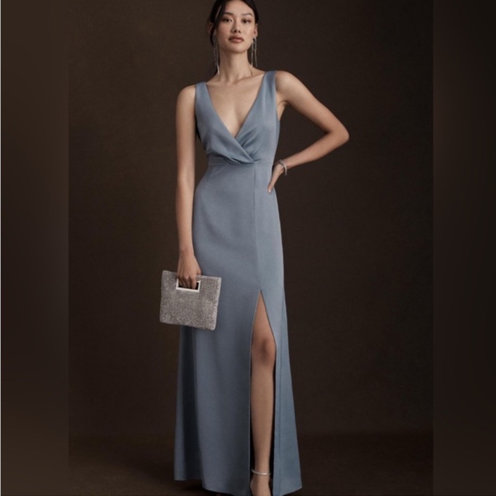BHLDN Dusty Blue Piper Vneck Side Slit Pleated Satin Gown